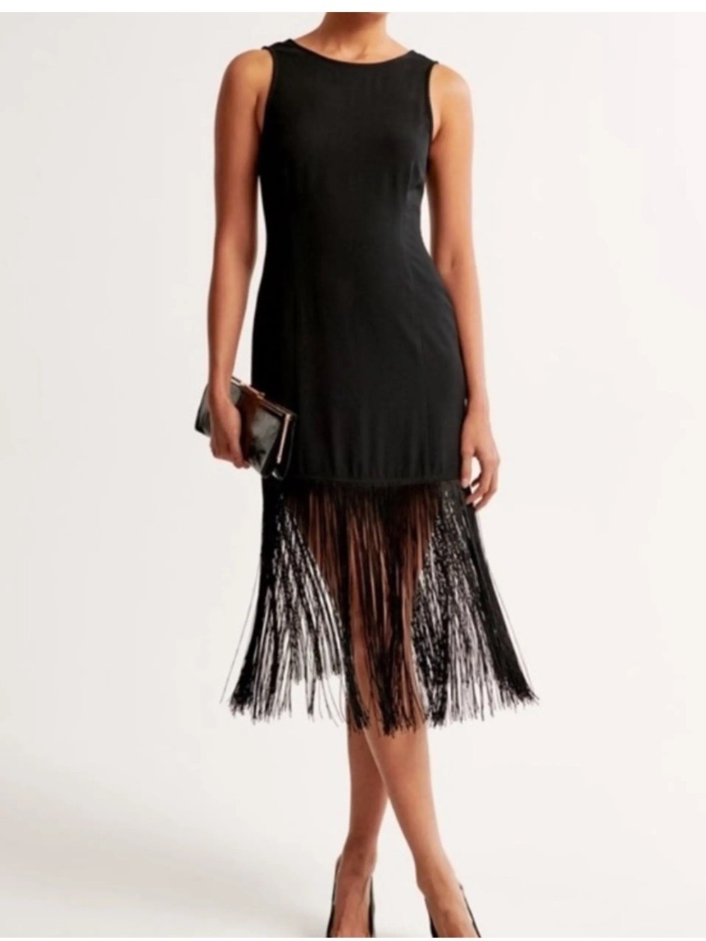 Abercrombie & Fitch Black Sleeveless Fringe-Hem Midi Dress back zipper large T